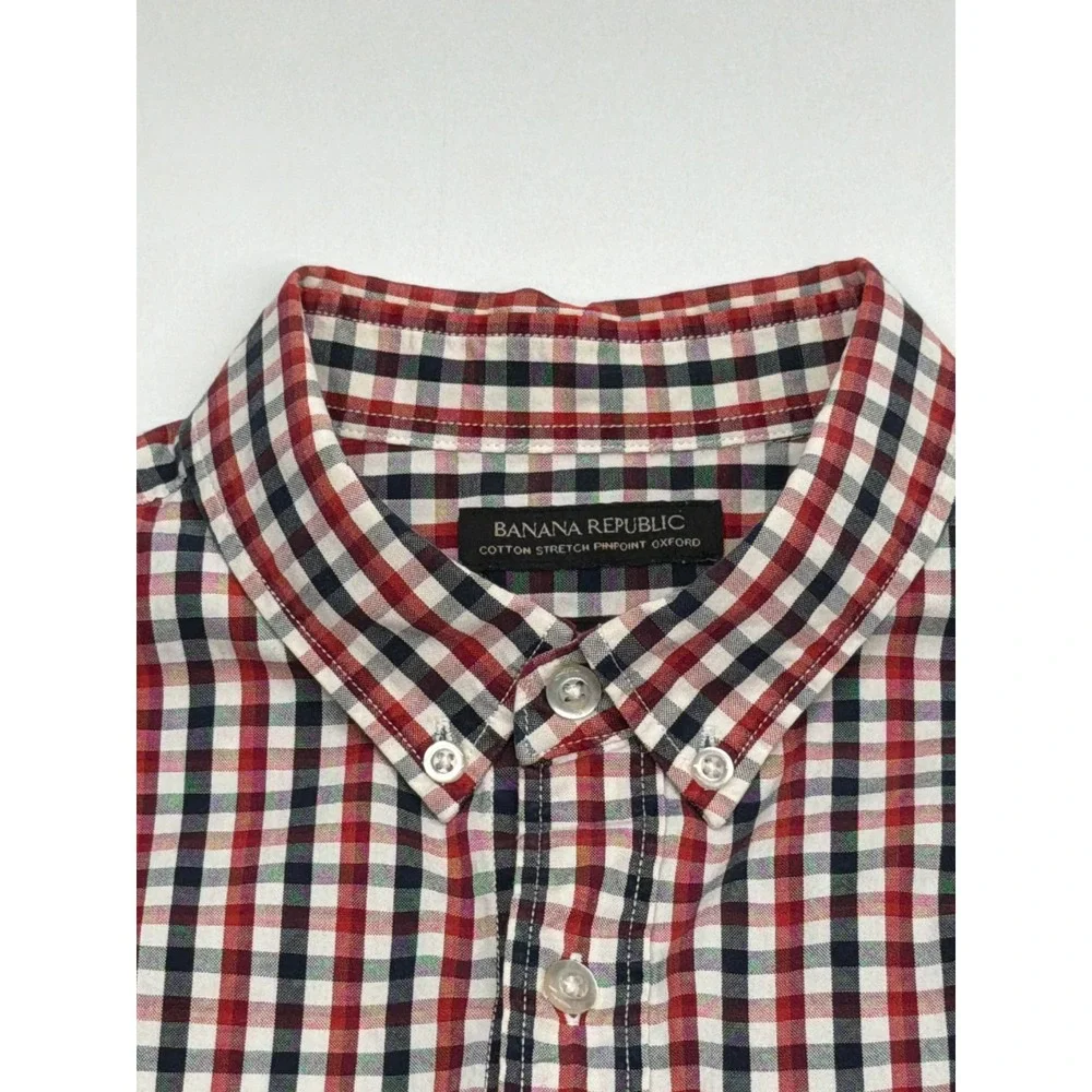 Banana Republic Mens Camden Fit Red Navy Gingham‎ Cotton Stretch Oxford Shirt M